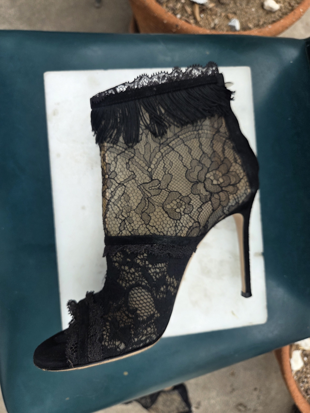 Gianvito Rossi Black Lace Fringe Peep-Toe Ankle Bootie